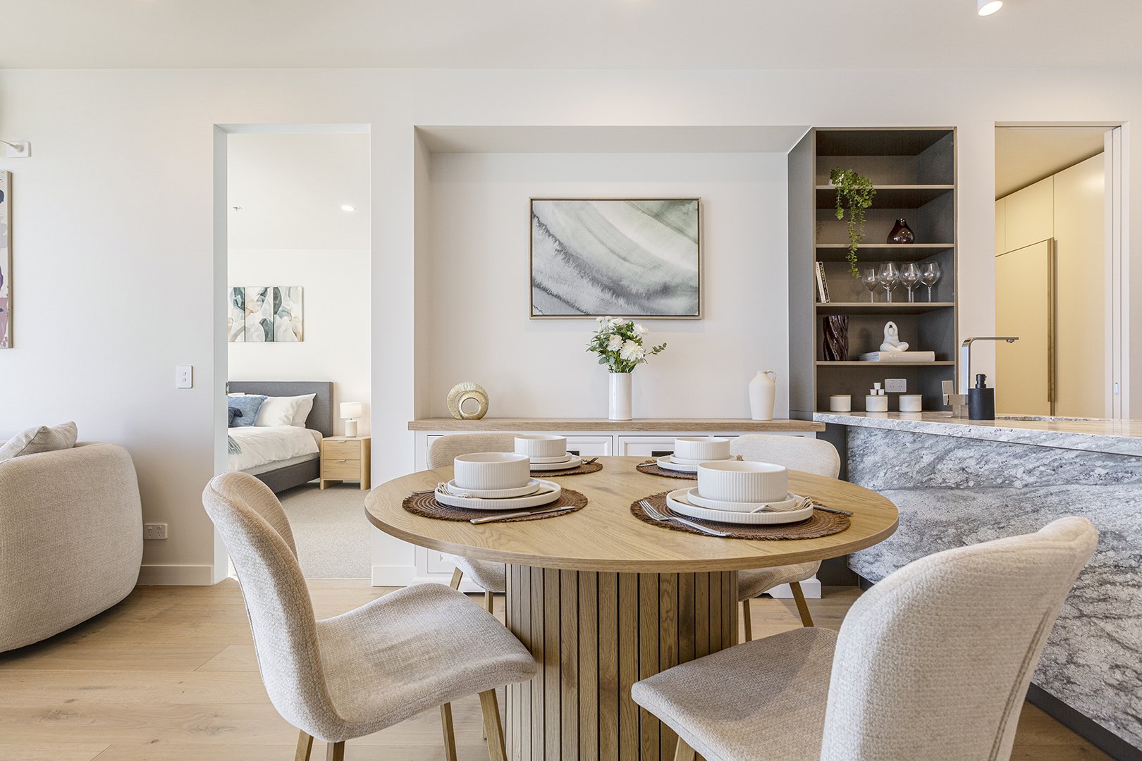 Inner city modern apartment with set table for Airbnb interior photo shoot.