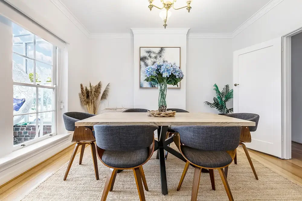 Elegant Williamstown dining room showcasing bright interiors and architectural photography in Melbourne.