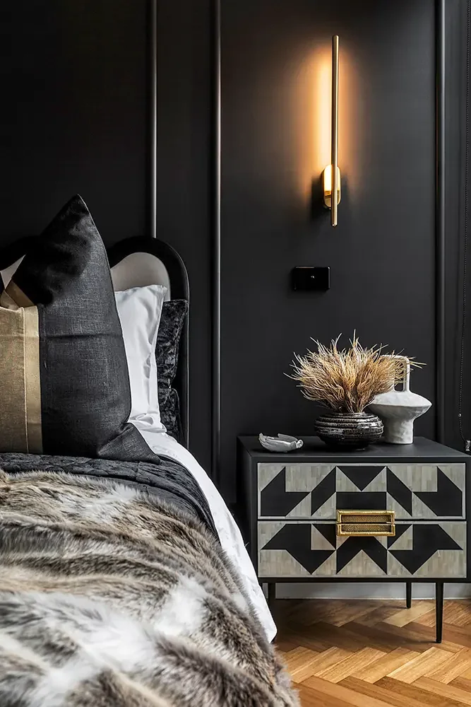 Close-up detail of a styled bedroom on Jane Bell Lane, Melbourne, highlighting high-end Airbnb photography standards.