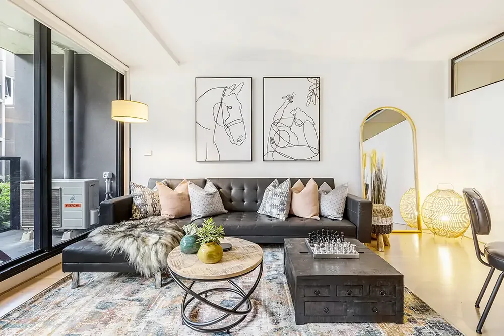 Beautifully styled Hawthorn lounge room, captured by a professional Airbnb photographer to boost booking rates.