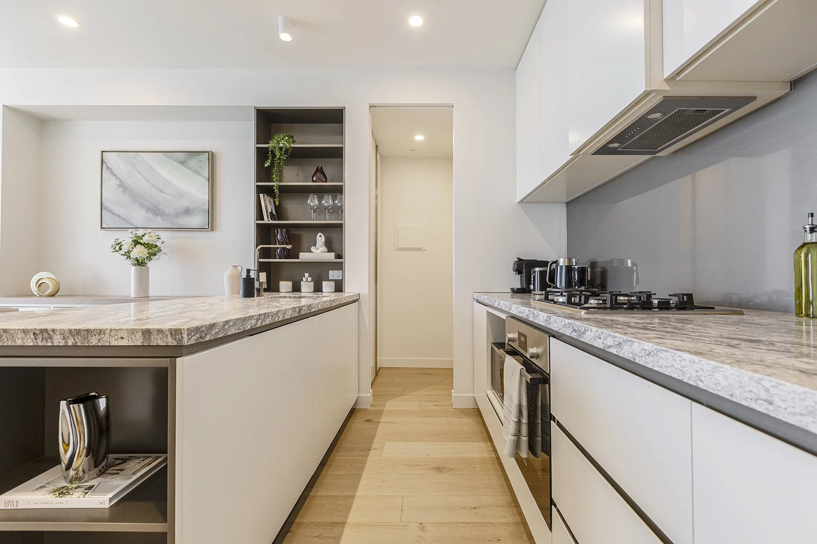 Modern apartment kitchen in Melbourne, Australia. Photographed for Airbnb by Andrew Para Photography