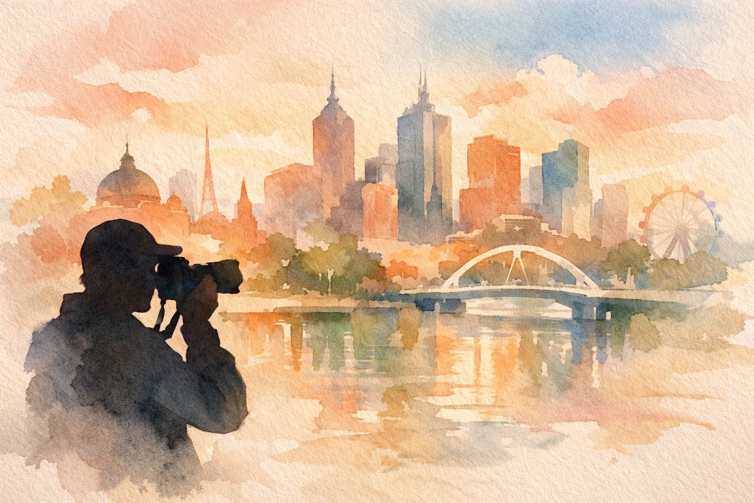 Watercolour-like graphic of a silhouette of a photographer taking a picture of Melbourne city, as a banner for a blog post on Andrew Para Photography's website.