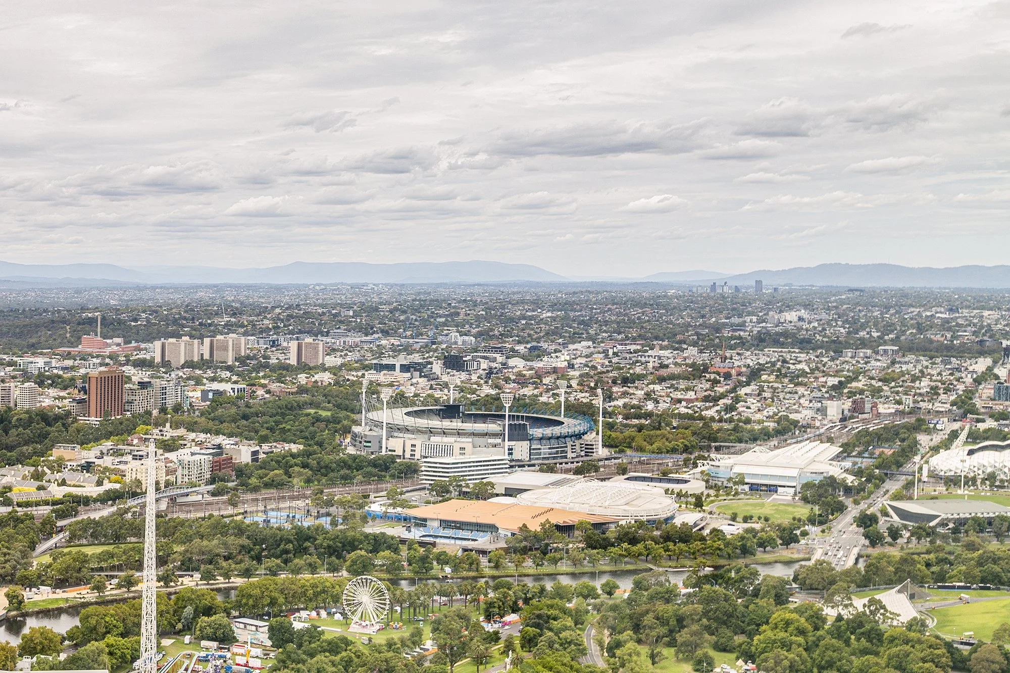 Aerial view of the MCG and surrounding Melbourne parklands near Richmond