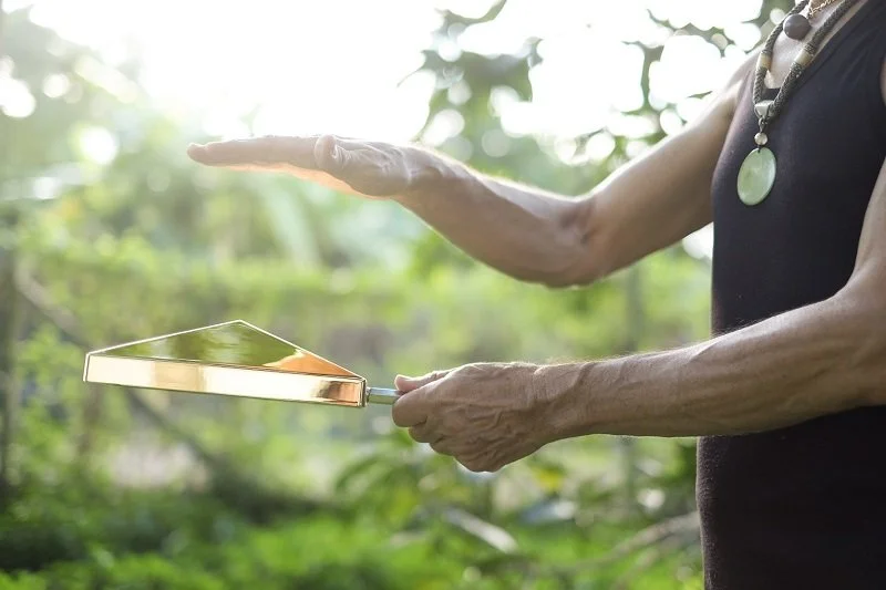 A person in a black top holding a metal mirror with a handle outside in a lush green garden, with their other hand raised and slightly tilted.