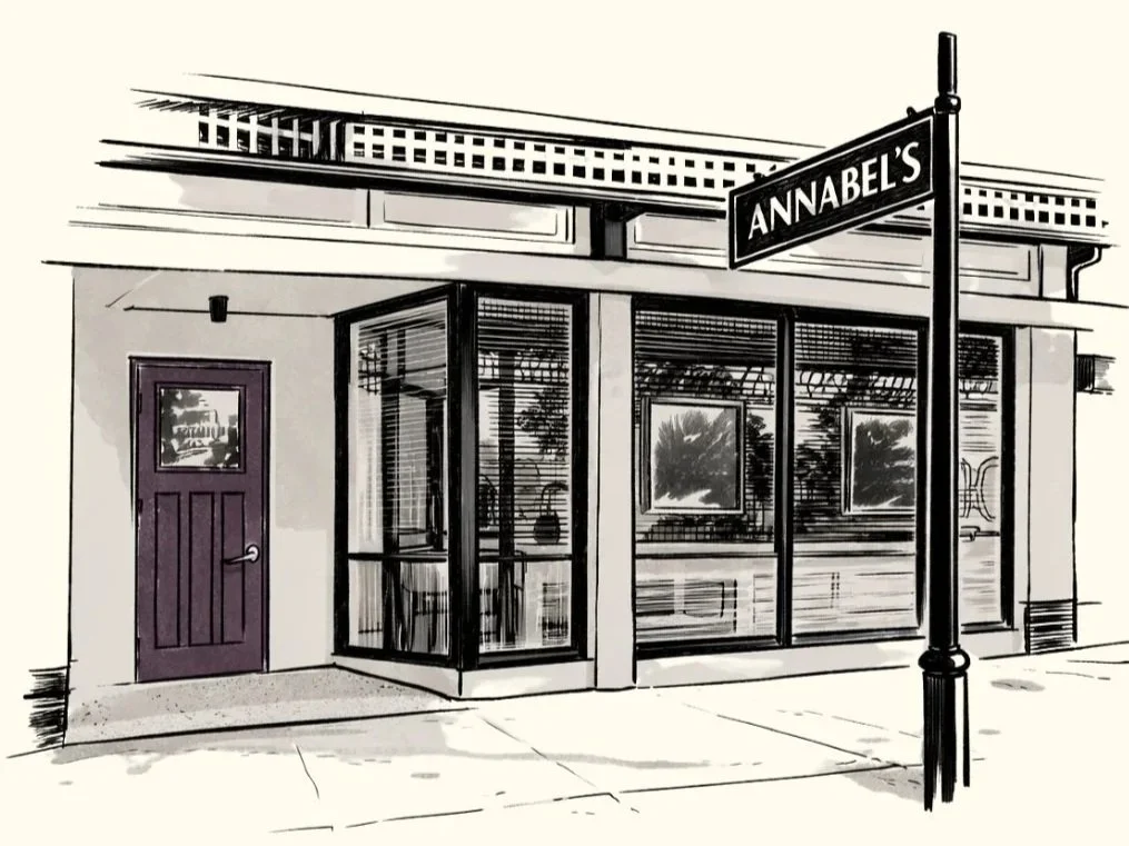 Annabel's Wine Bar picture illustrate the venue look from our side with glass window, puple door and name sign