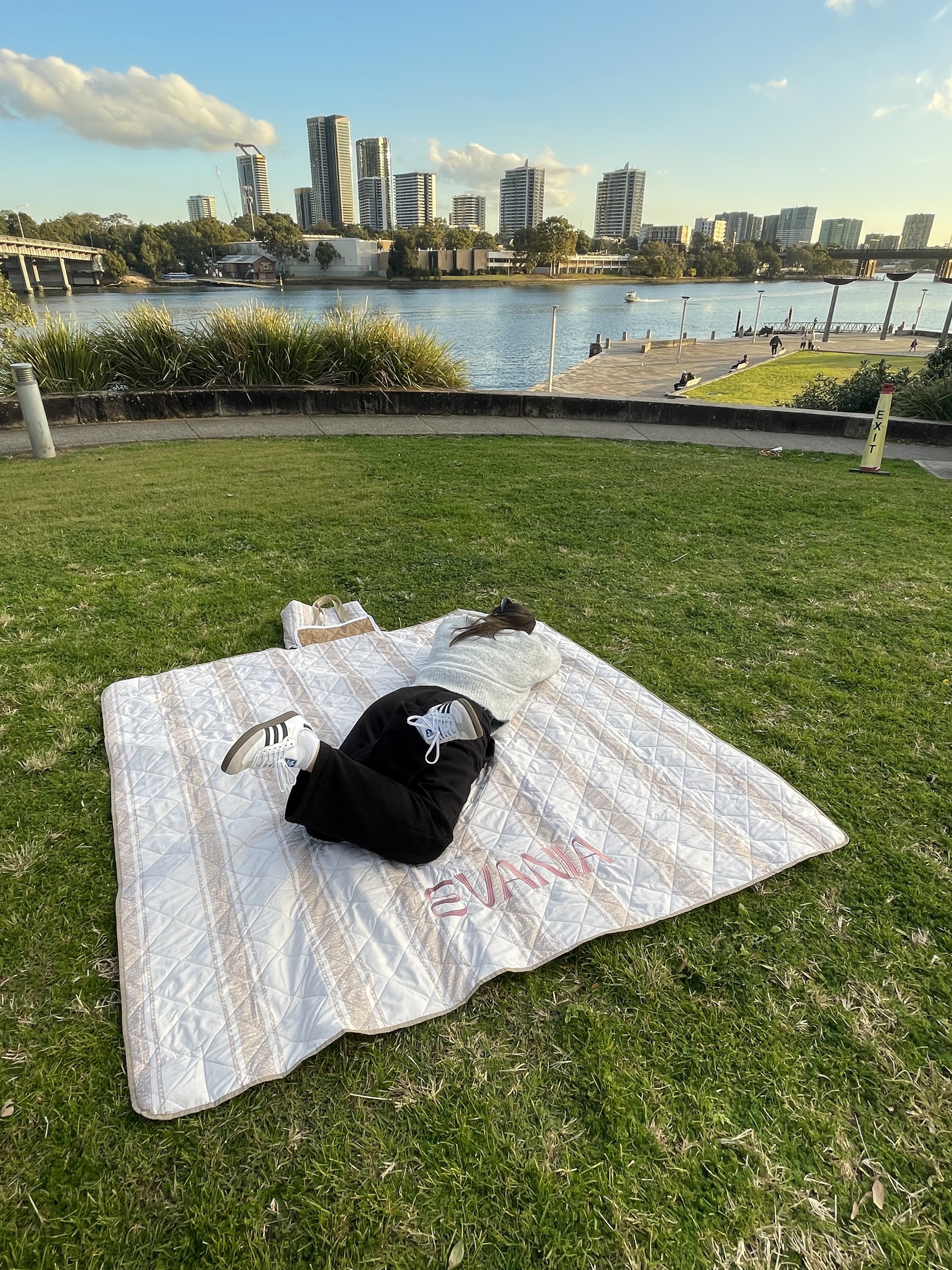 Person lying on a patterned blanket on grass near a river with city skyline and buildings in the background, during daytime.