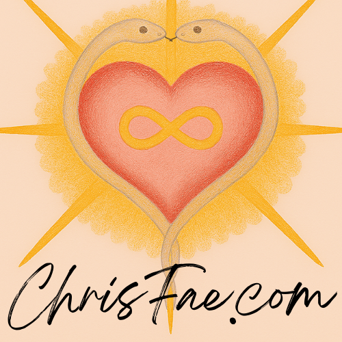 Illustration of two snakes forming a heart around an infinity symbol inside a red heart, with rays and a halo-like glow, and the text 'ChristFae.com' below.