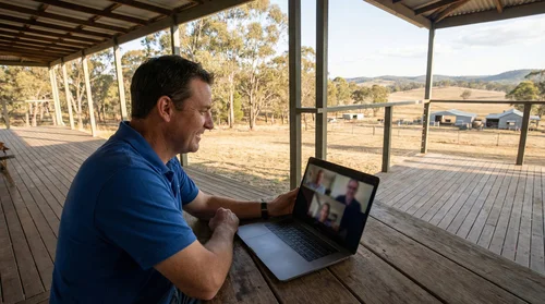 Man participating in online legal training from a rural location