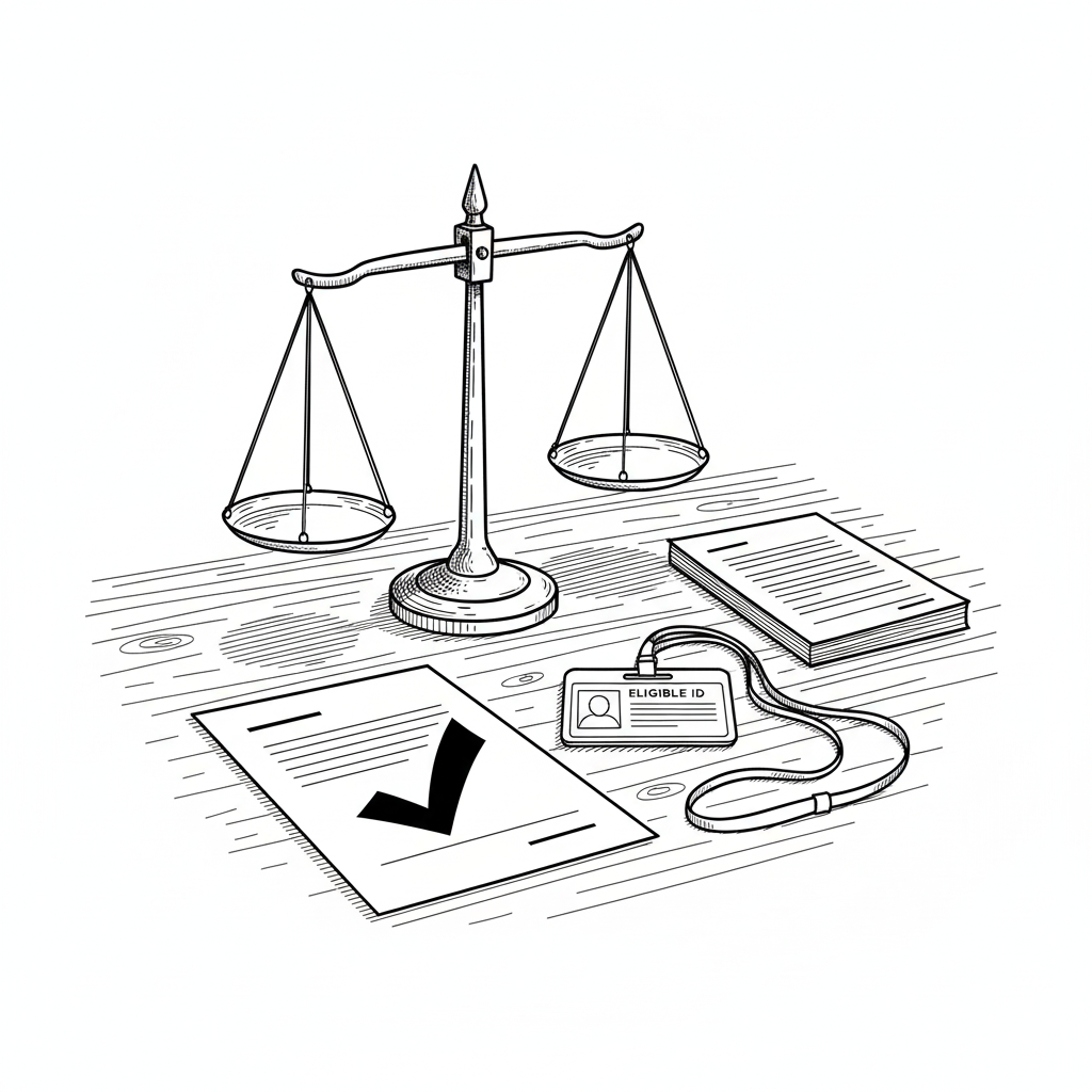 A line drawing of legal and identification items including a balanced scales, a certificate with a check mark, an eligible ID badge, and two books on a wooden surface.