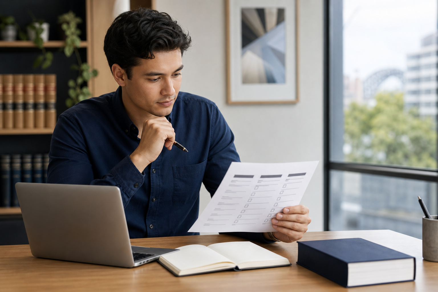 Australian law graduate comparing practical legal training course options at a desk