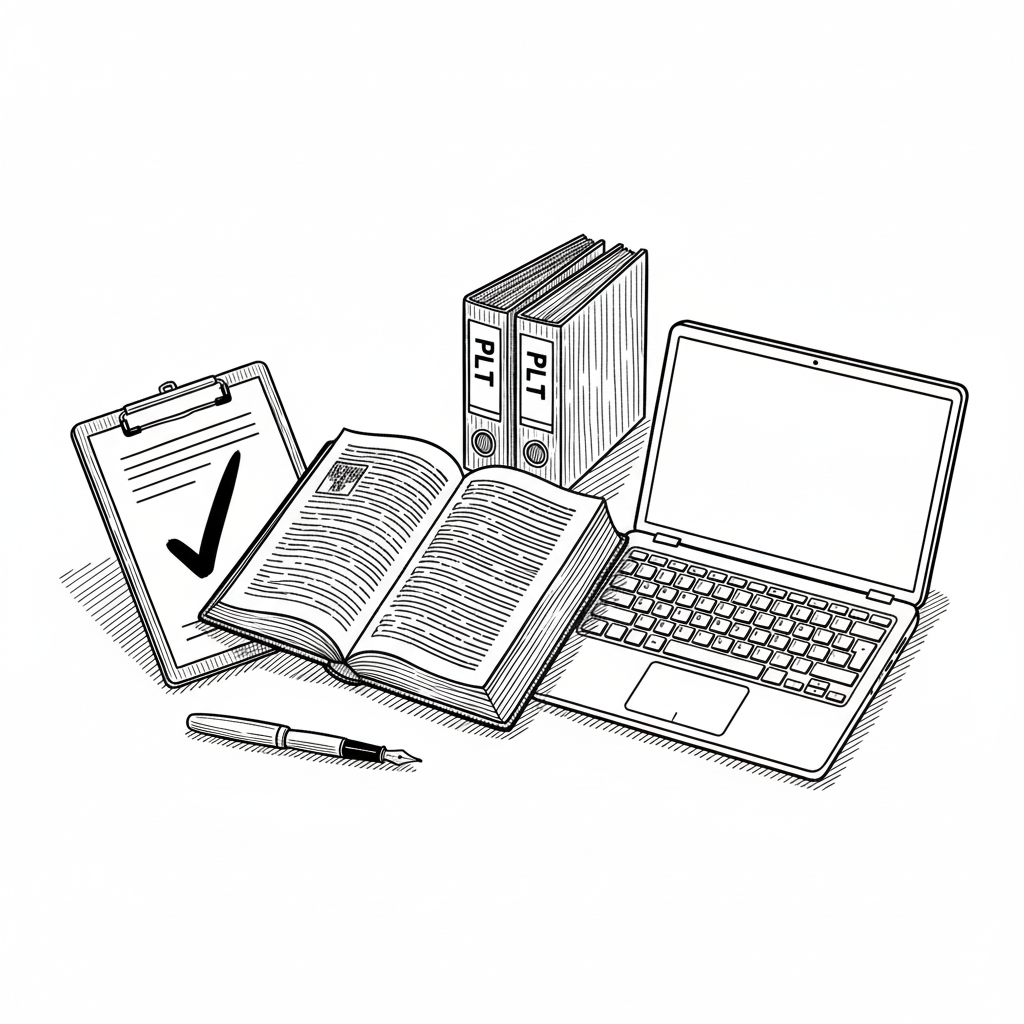 Line drawing of an organized desk with a tablet displaying a checkmark, an open book, two binders labeled 'PLT 1', an open laptop, and a pen.