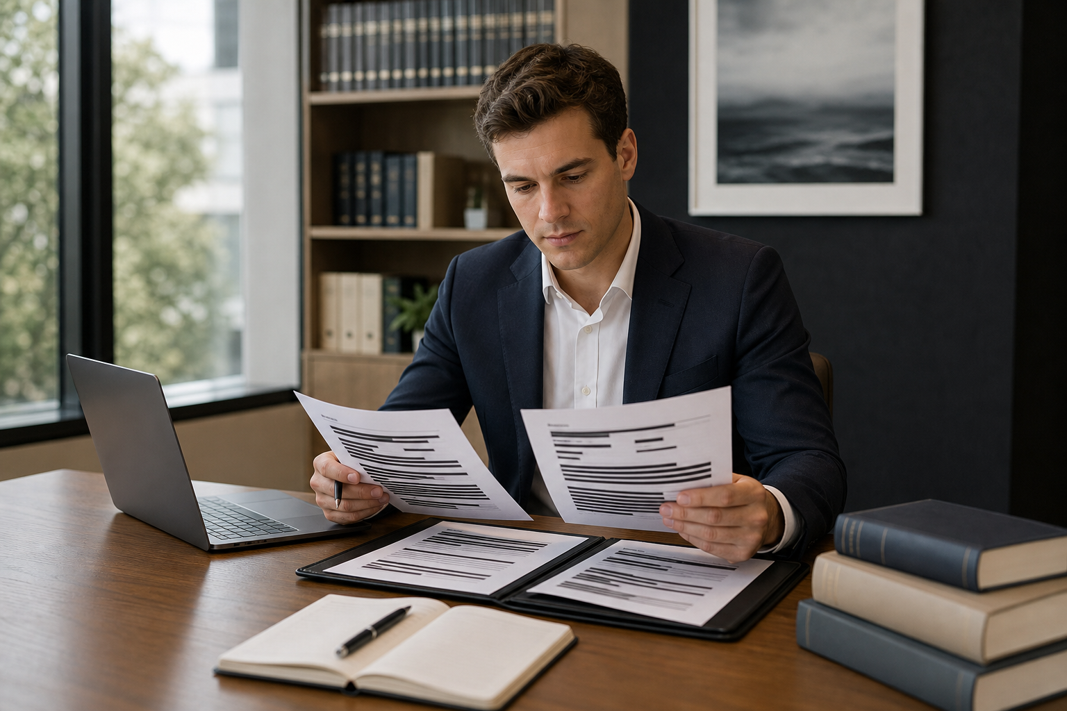 Australian law graduate reviewing redacted legal work samples for a professional portfolio