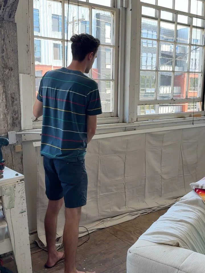 Always lucky to have @maximusnye in the studio. Not only does he have a keen eye, he has the desire to be helpful and lend his many talents to his auntie. He made use of drop cloths, wood, string and staples to make shades for the studio! A little ti