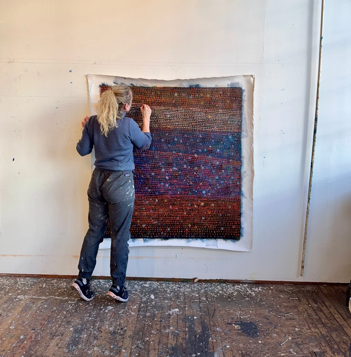 Tippy Toes dots plus the pvc pipe I use to turn on my heater. 🤣&hellip;.
.
.
.
.
.
.
.
#artstudio 
#portlandoregon 
#oregonartist 
#dotsoncanvas 
#artonthewall