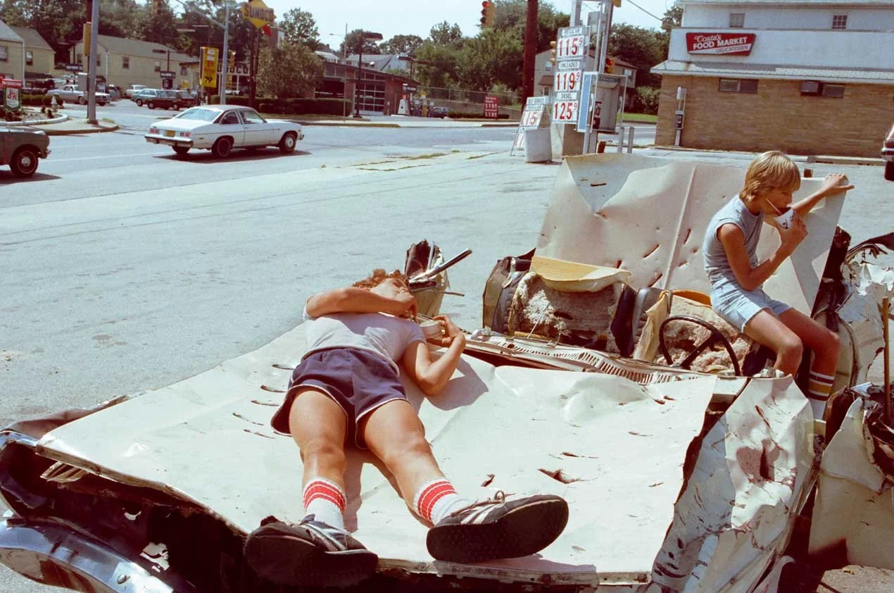 Social Landscape - Car, Smashed, with Boys Lying on It, Ambler, PA (SCAN, PHOTOSHOPPED)  R1270 x 843, 72ppi, 220 KB, DARKENED SHOE .jpg