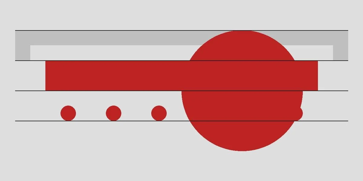 Abstract graphic with a large red circle and four smaller red circles on a light gray background, featuring horizontal gray and black lines.