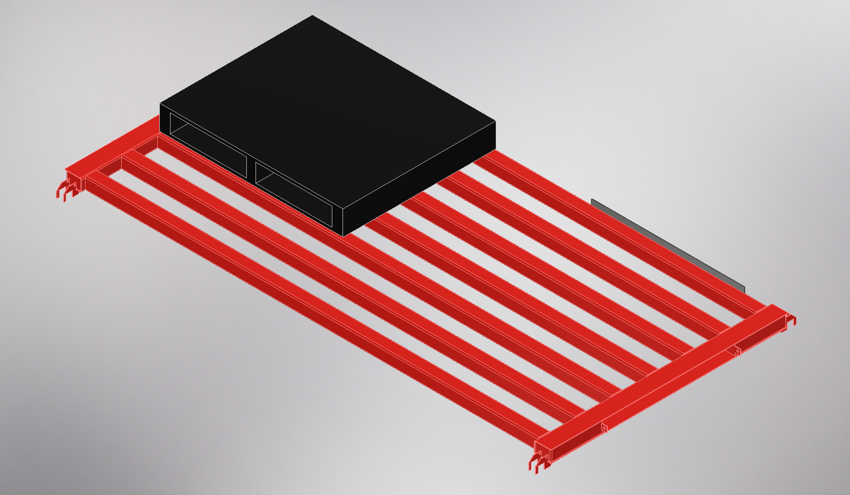 A 3D illustration of a red metal rack with multiple support bars and a black rectangular box on top. Support jig 3D CAD 