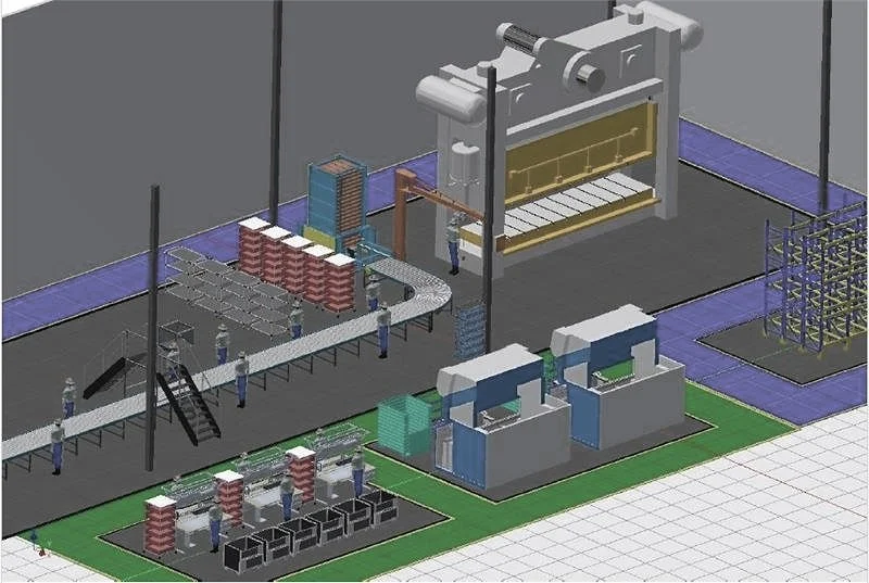 Illustration of an industrial bakery or food processing facility with conveyor belts, stacks of baked goods, and workers managing the equipment. 3D CAD factory layout