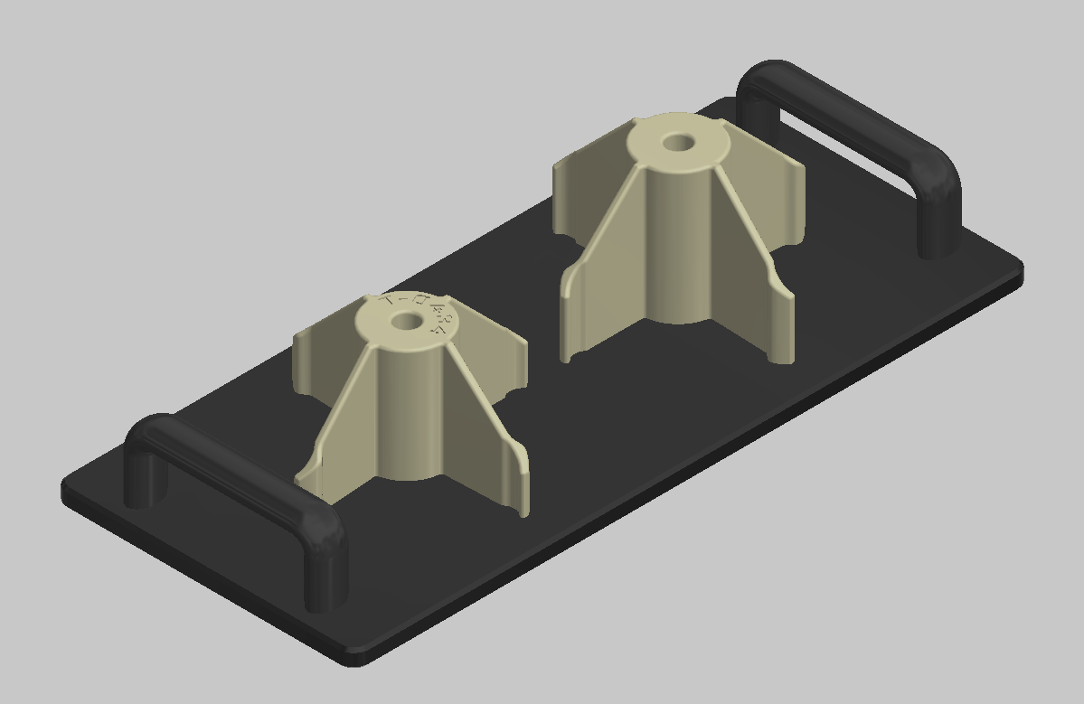 A black rectangular base with two beige plastic support brackets and black handles on either side.