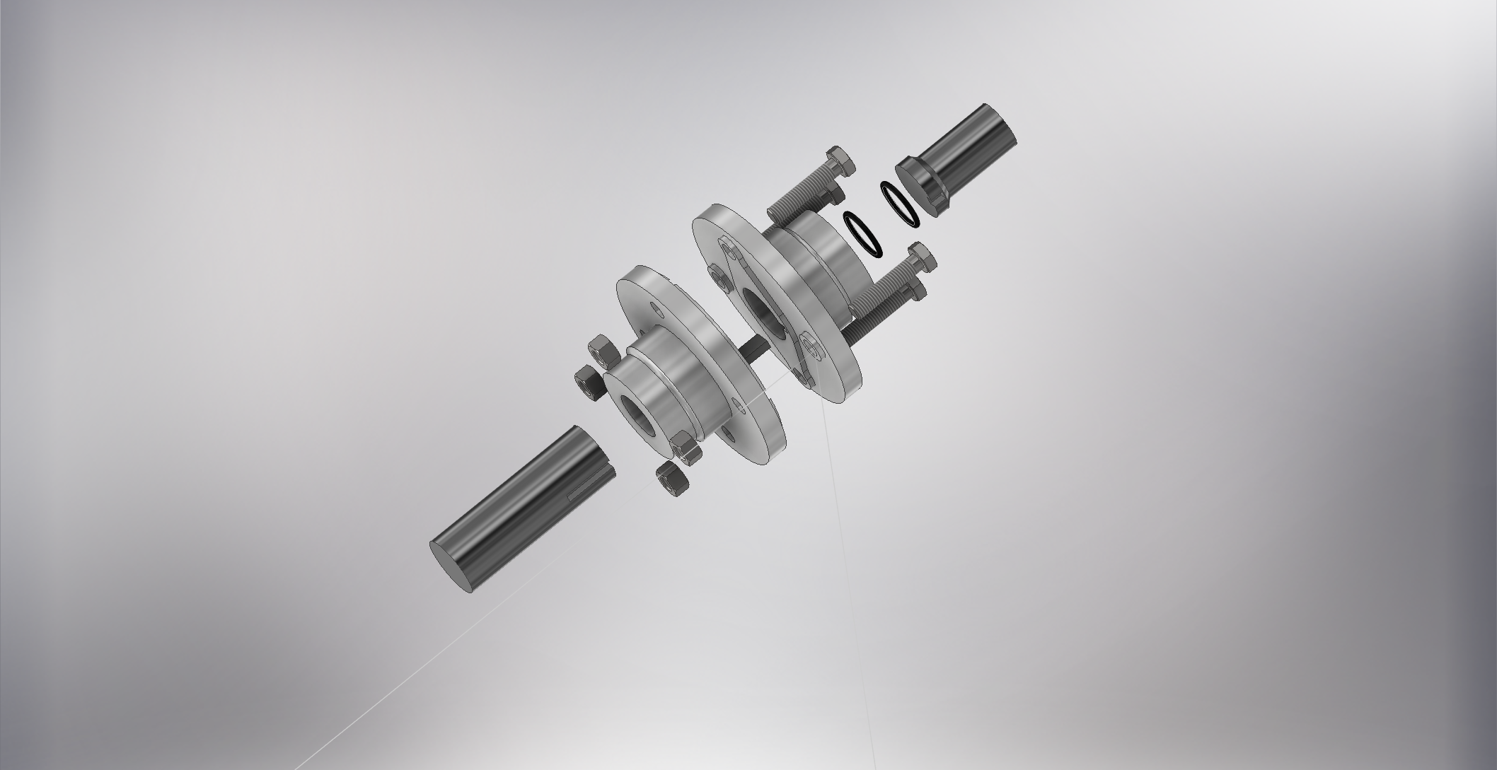 Exploded view of a mechanical assembly with gears, bolts, and cylindrical parts. 3D CAD