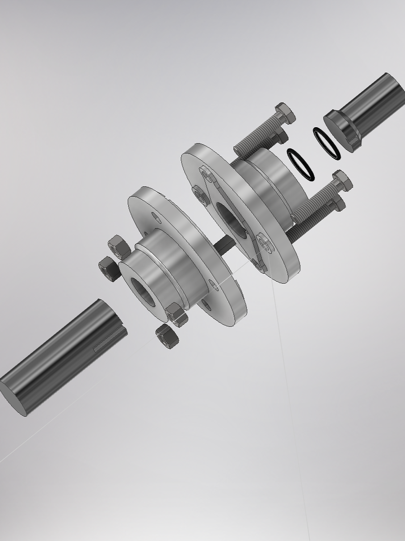 Exploded view of a mechanical shaft assembly with two cylindrical shafts, two flanges, bolts, washers, and a coupling. 3D CAD engineering drawing exploded mechanical assembly