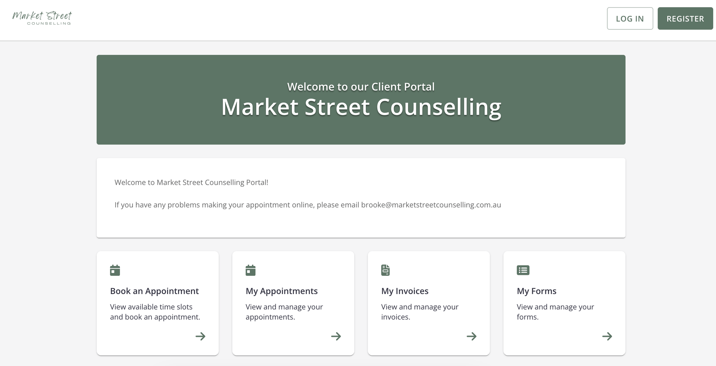 Example image of the Market Street Counselling client portal. Options include book an appoint, my appointments, my invoices and my forms
