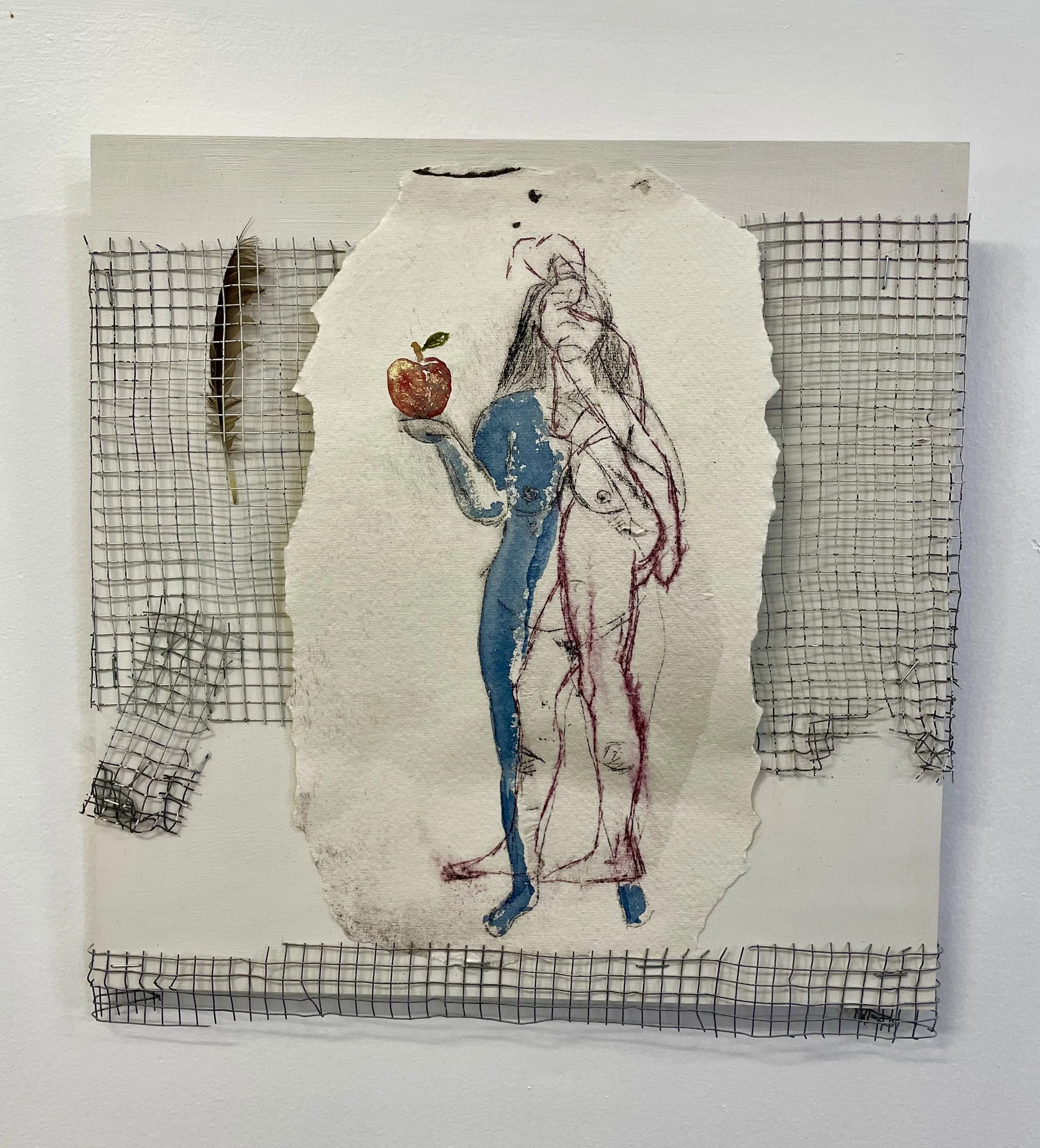 BE-ing: Emerge, wire mesh, stitched thread, chine collé with pigment on paper, 35 × 35 cm, unframed