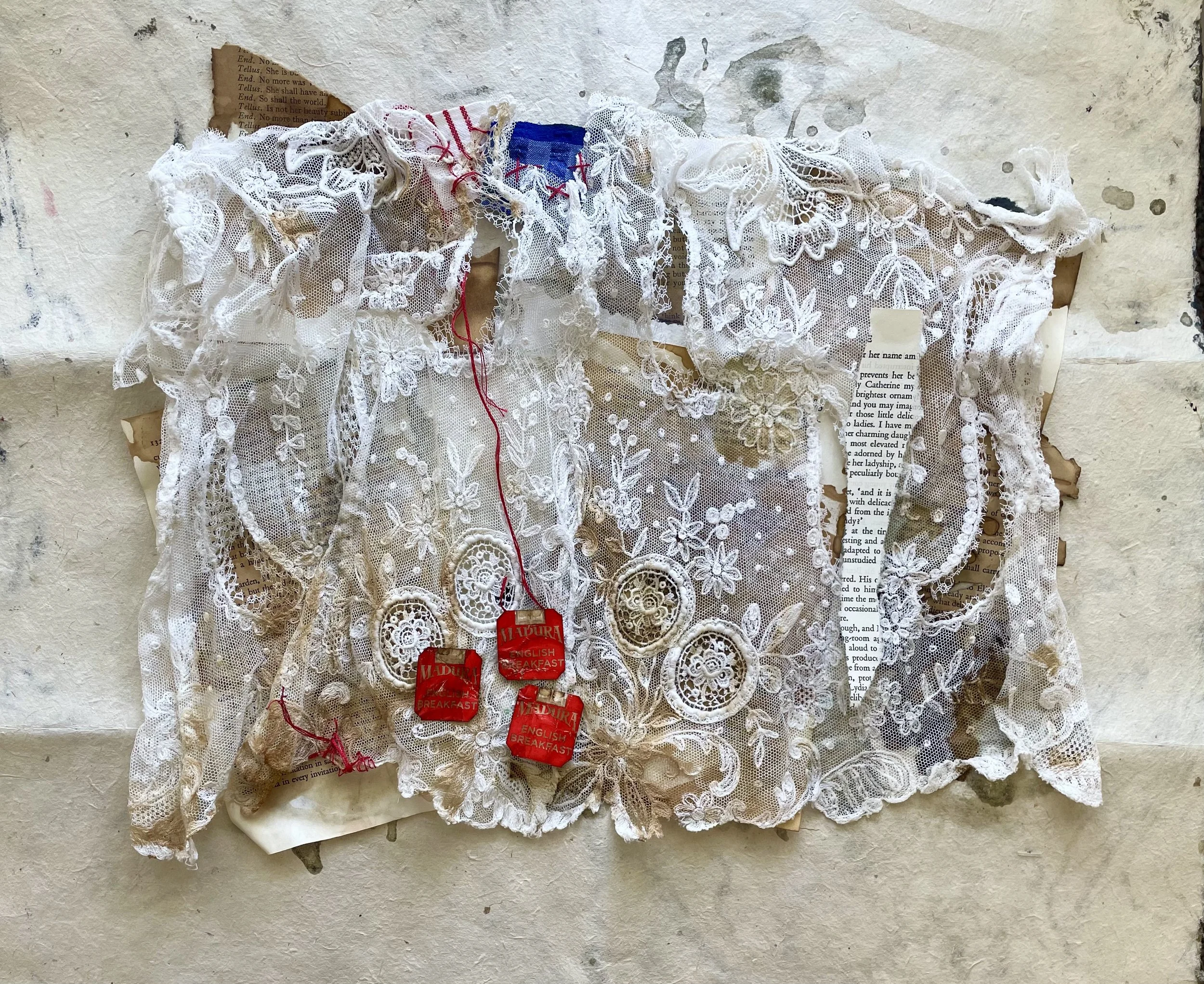 The Stories we hold. Fabric, thread, paper & organic materials. 40cm x 55cm. Unframed