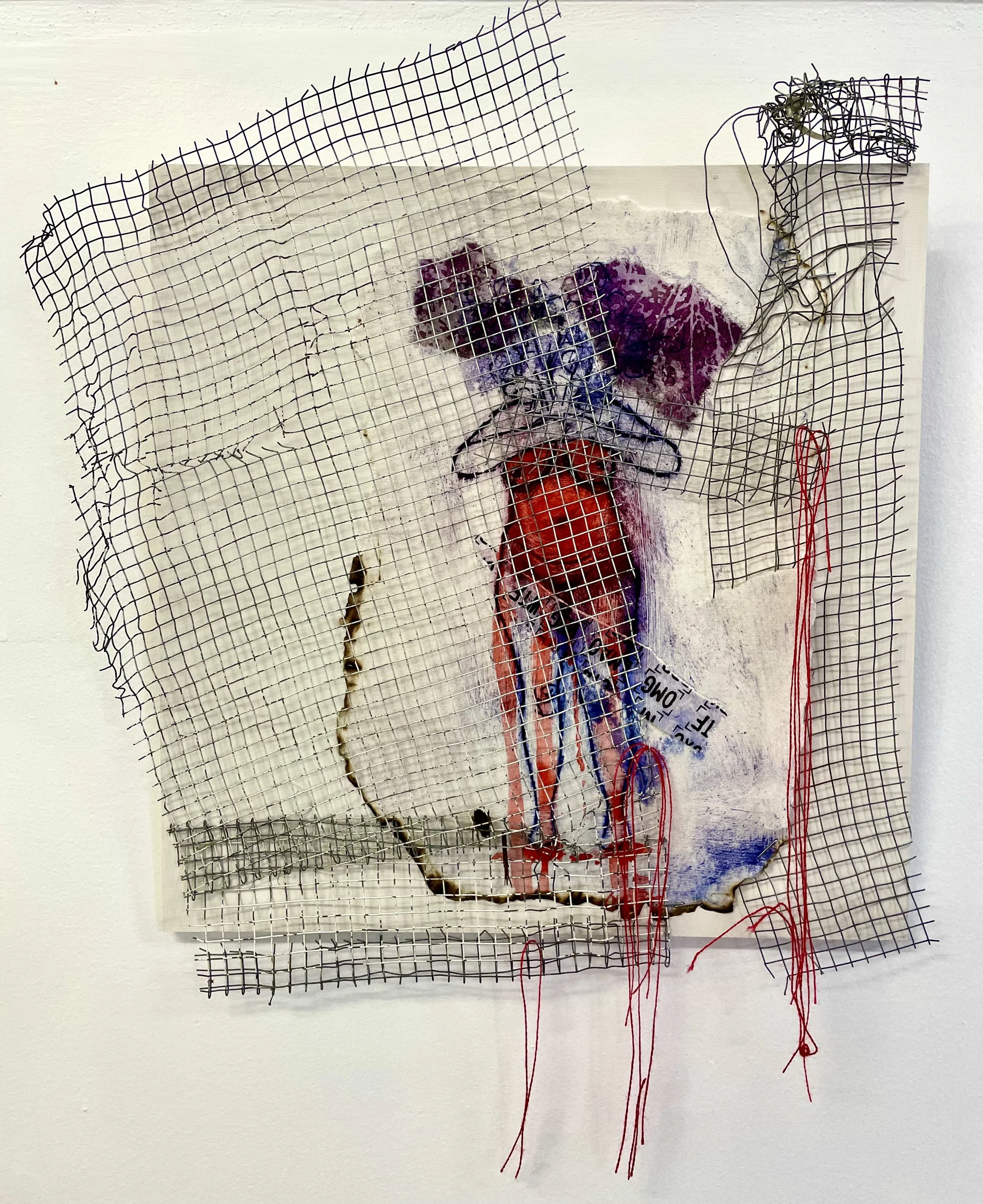 
BE-ing: OMG WTF, wire mesh, stitched thread, chine collé with pigment on paper, 35 × 35 cm, unframed
