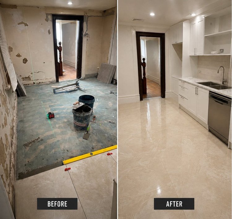 Kitchen floor tiling renovation before and after