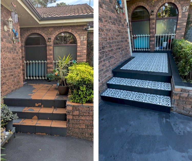 Encaustic look tile front porch renovation before and after