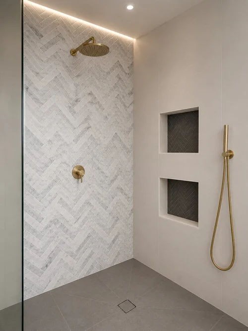 Marble Herringbone shower feature wall
