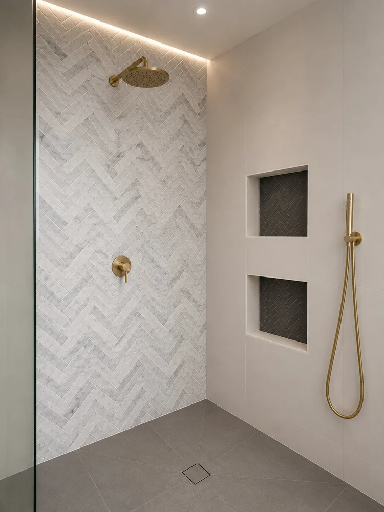 Herringbone mosaic shower niche