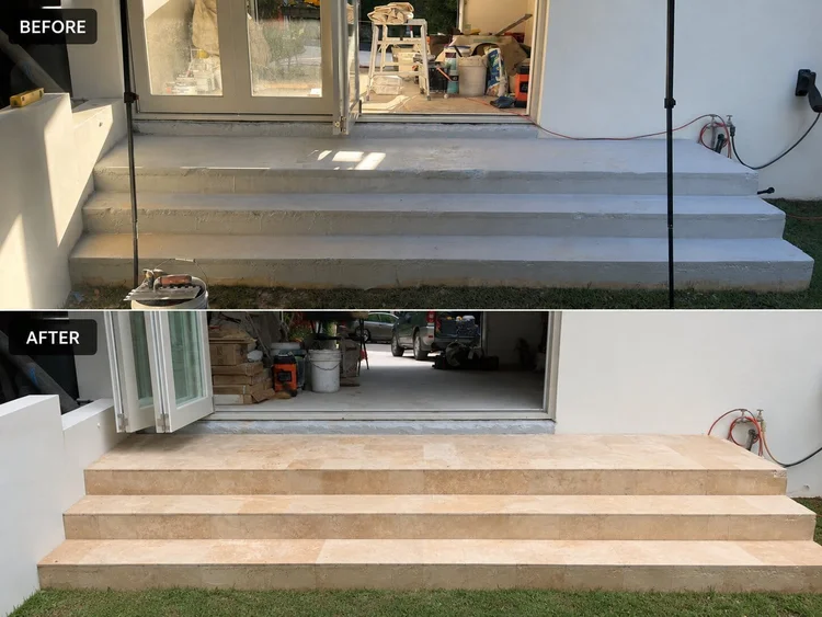 Travertine steps renovation before and after