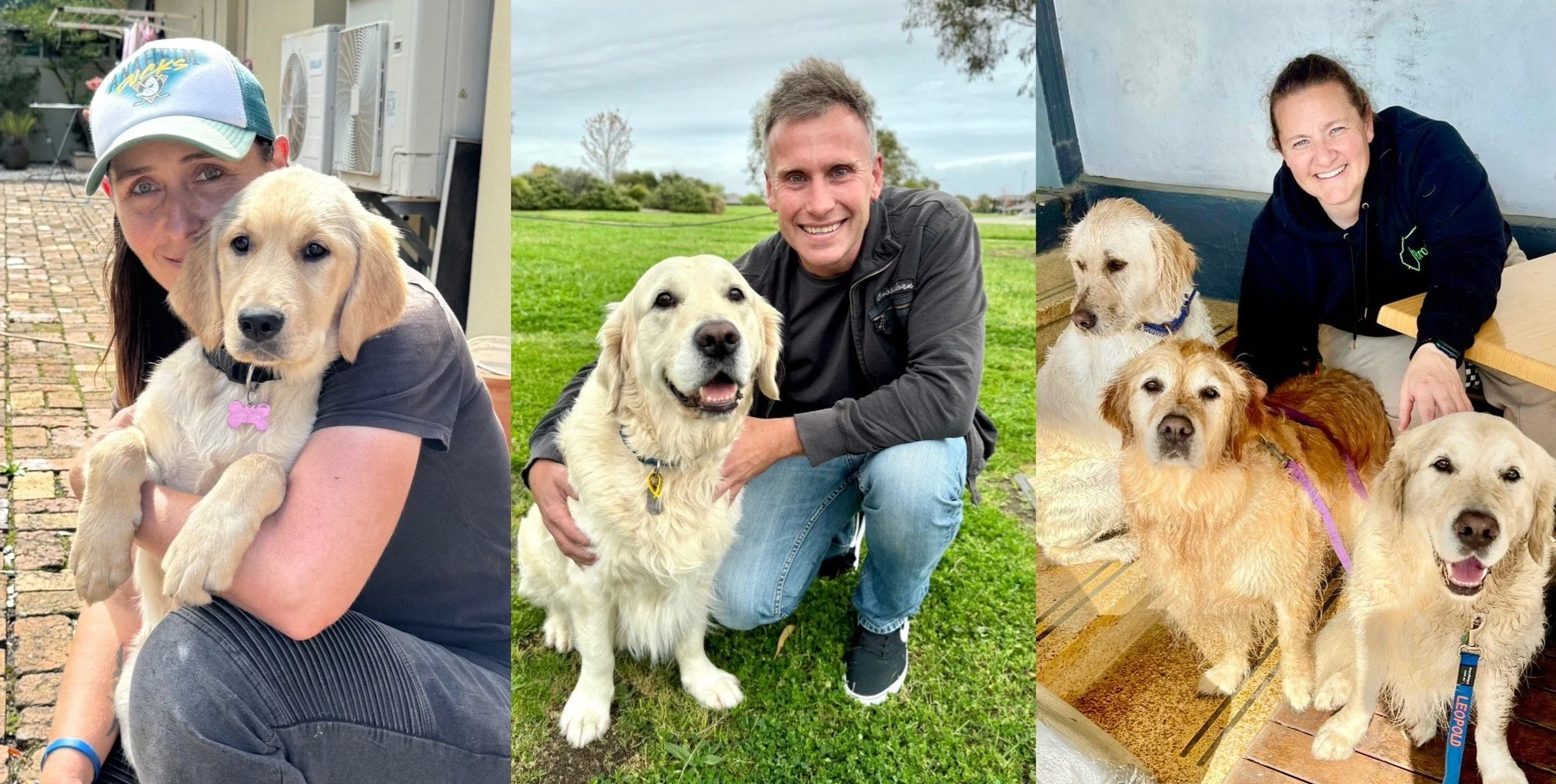 Three separate photos showing people with dogs. First photo: woman wearing a cap holding a puppy with floppy ears and light fur. Second photo: man crouching next to a large, light-colored dog with a cheerful expression in a grassy field. Third photo: woman smiling with three dogs, two with curly fur and light colors, one with reddish curly fur, inside a room.