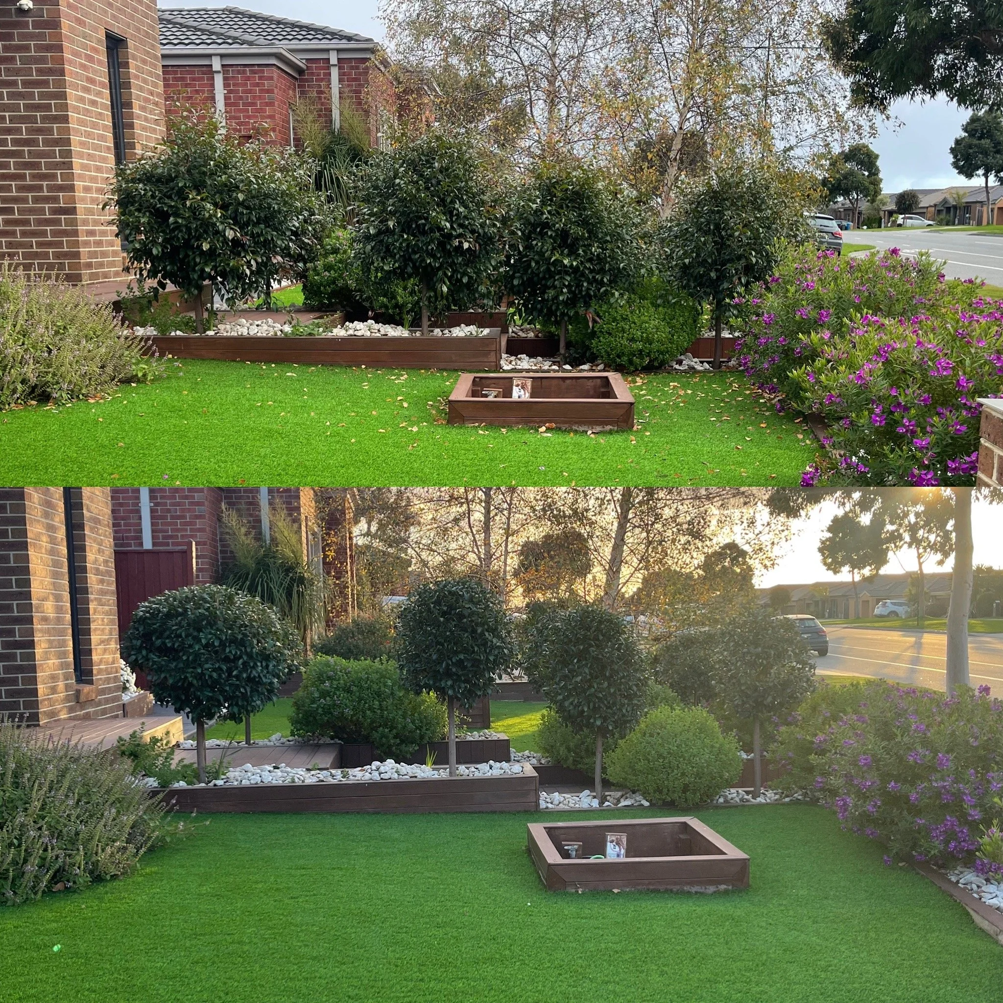 Comparison of two gardens showing the same yard at different times. The top image shows a well-maintained yard with bright green artificial grass, healthy bushes, and flowers, while the bottom image shows the yard in natural sunlight with grass that appears less vibrant.