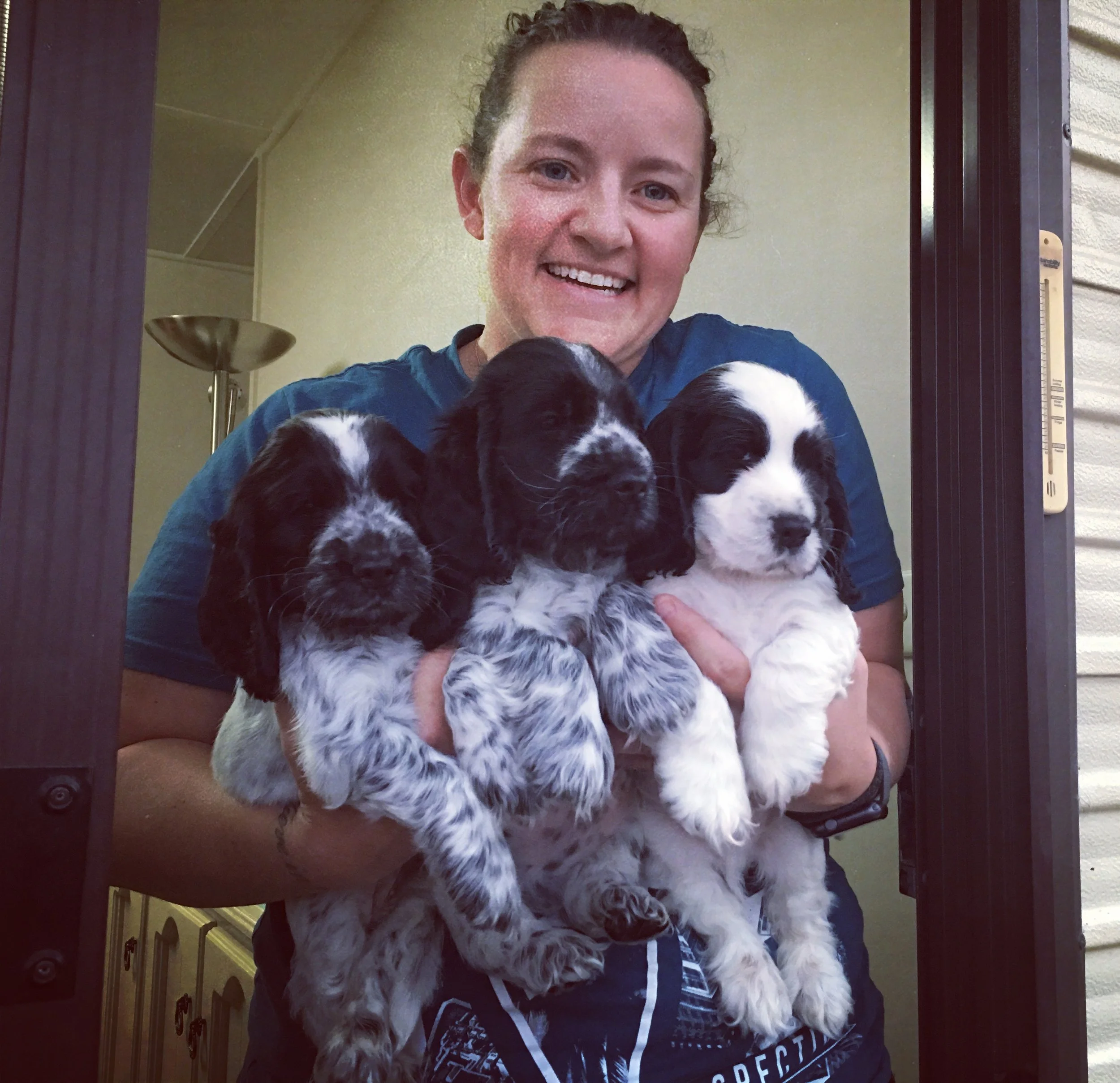 A woman smiling and holding three black and white puppy dogs.