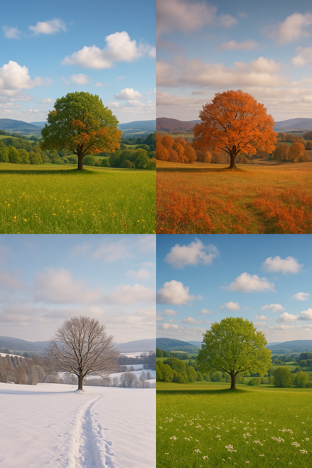 A collage of four images of a single tree in different seasons: spring with lush green leaves, fall with orange leaves, winter with snow and bare branches, and summer with bright green leaves and flowers.