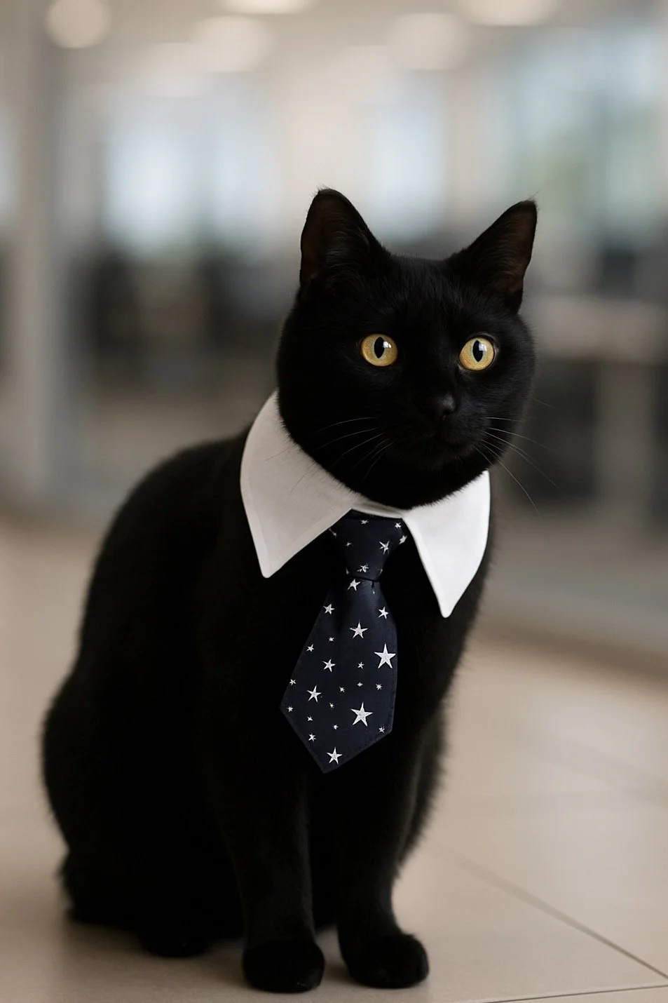 Black cat wearing a white collar and navy tie with white stars, sitting indoors near a window.
