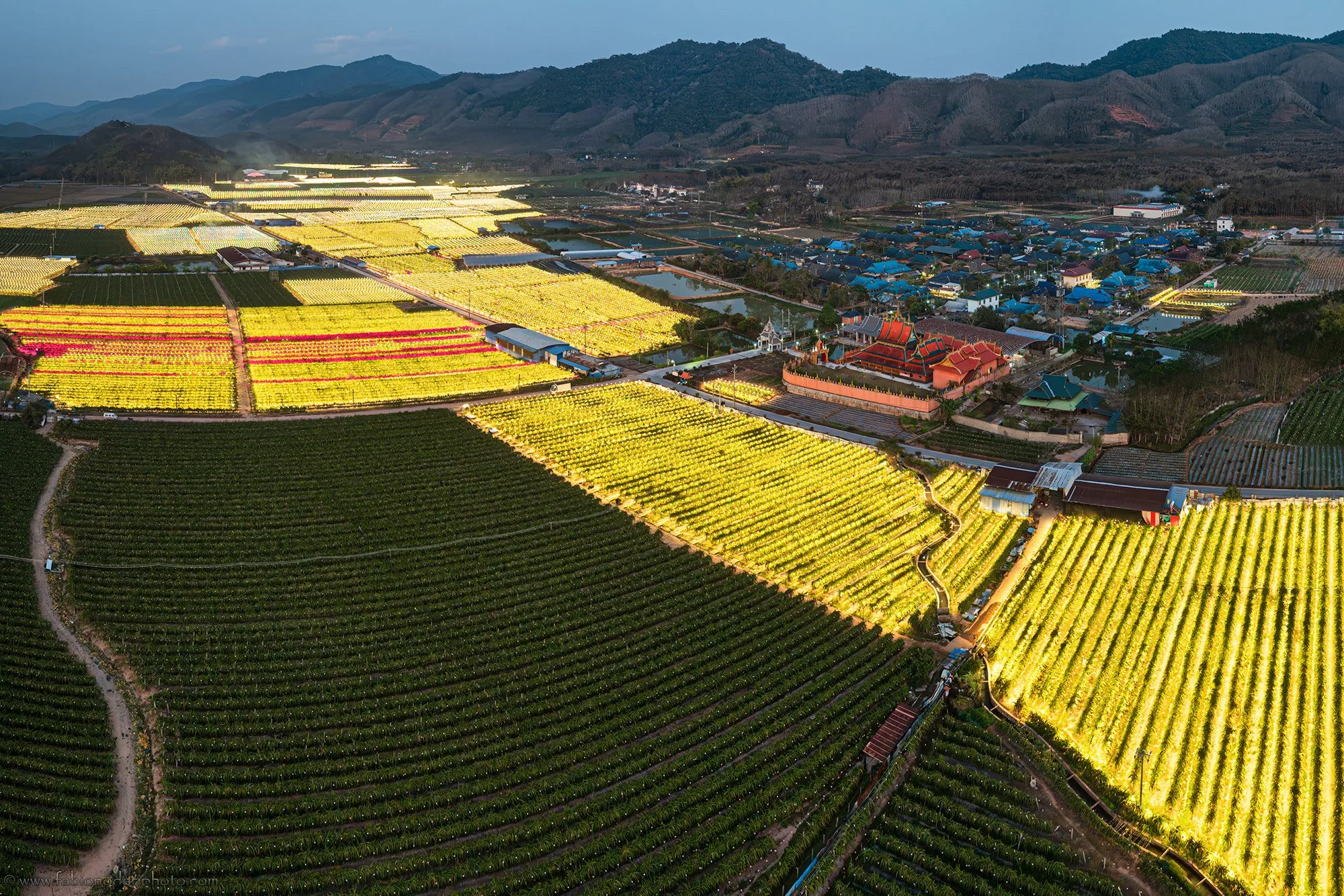 Aerial view of illuminated fields, houses, and traditional buildings among mountains at dusk