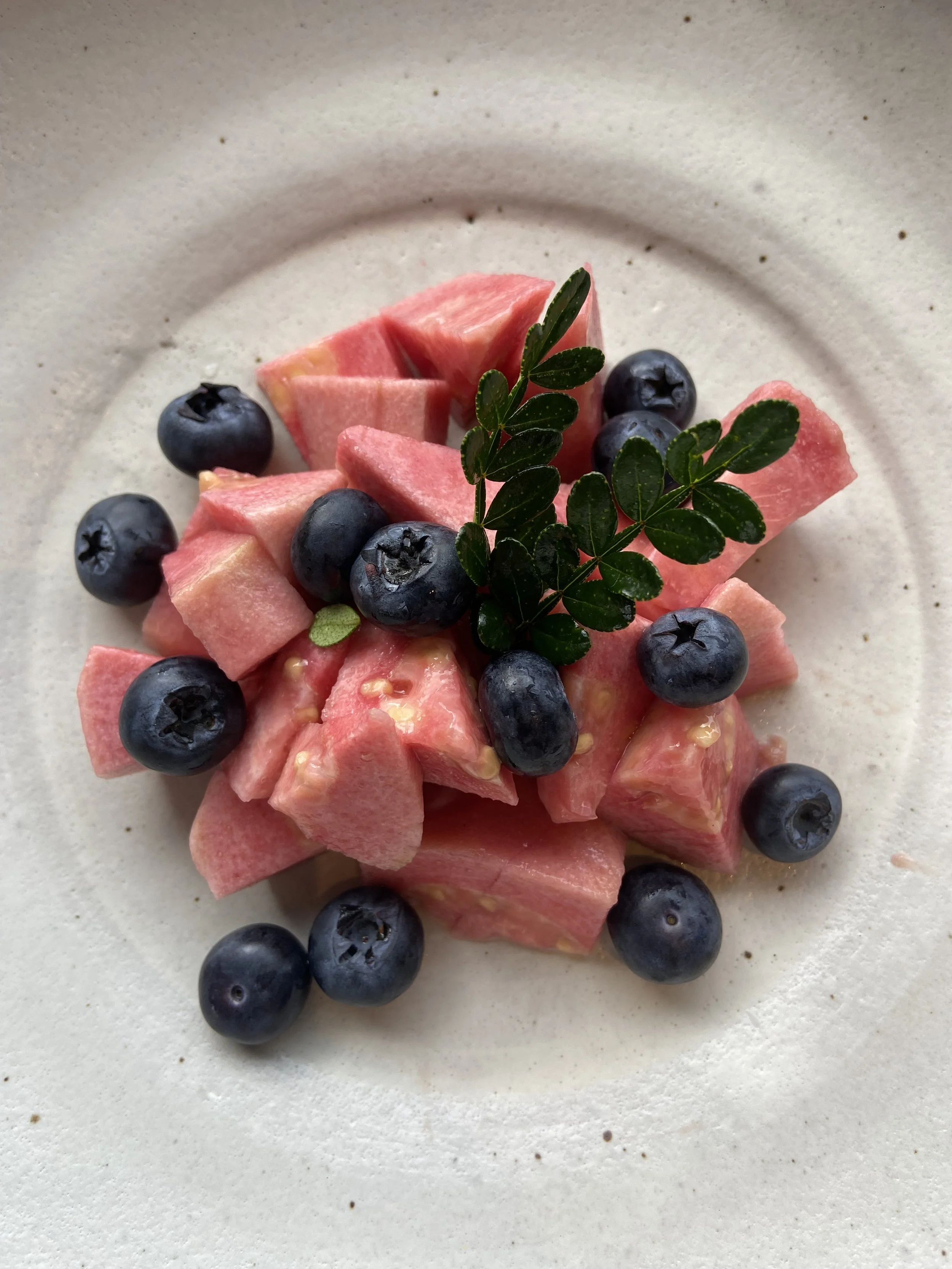Slices of watermelon topped with blueberries and a sprig of green leaves, served on a beige plate.