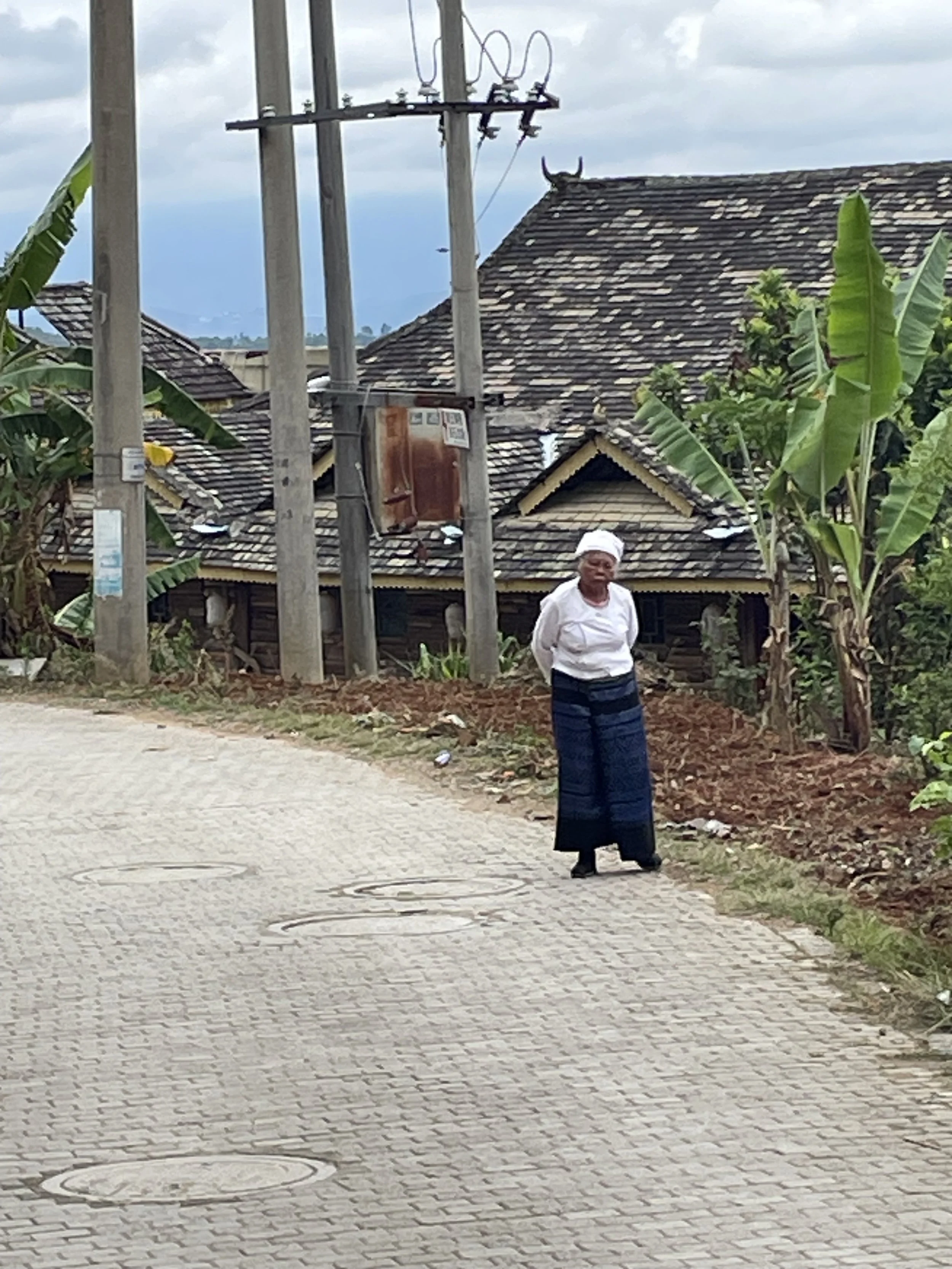 A woman in traditional attire standing on a paved street next to banana trees, with wooden houses and electrical poles in the background.