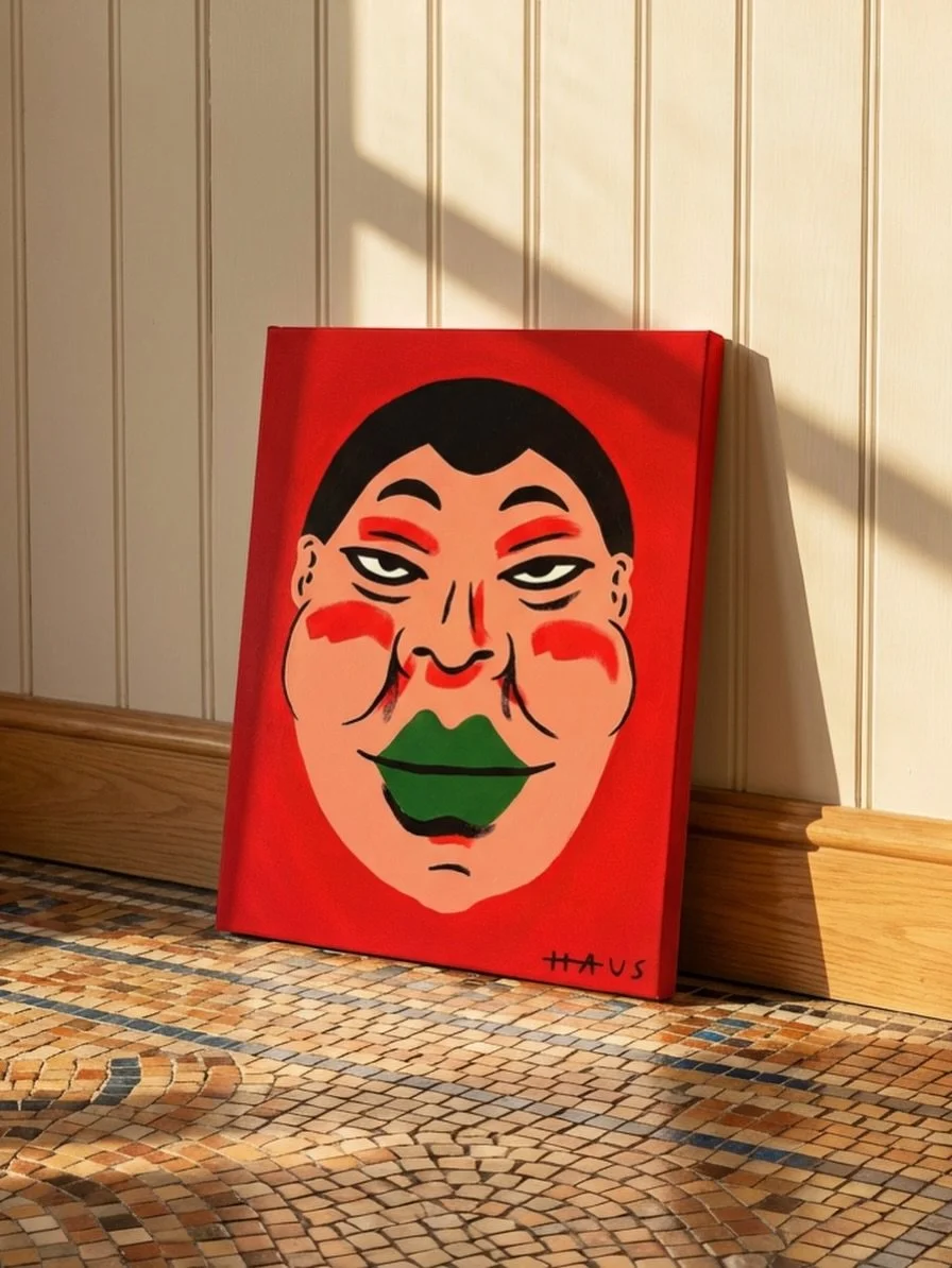 A striking interplay of contrast and conviction. This artwork commands attention with its saturated crimson and deadpan glare - creating an unmistakable sense of grounded certitude. I painted this one in my studio in Singapore in 2025. It&rsquo;s rea