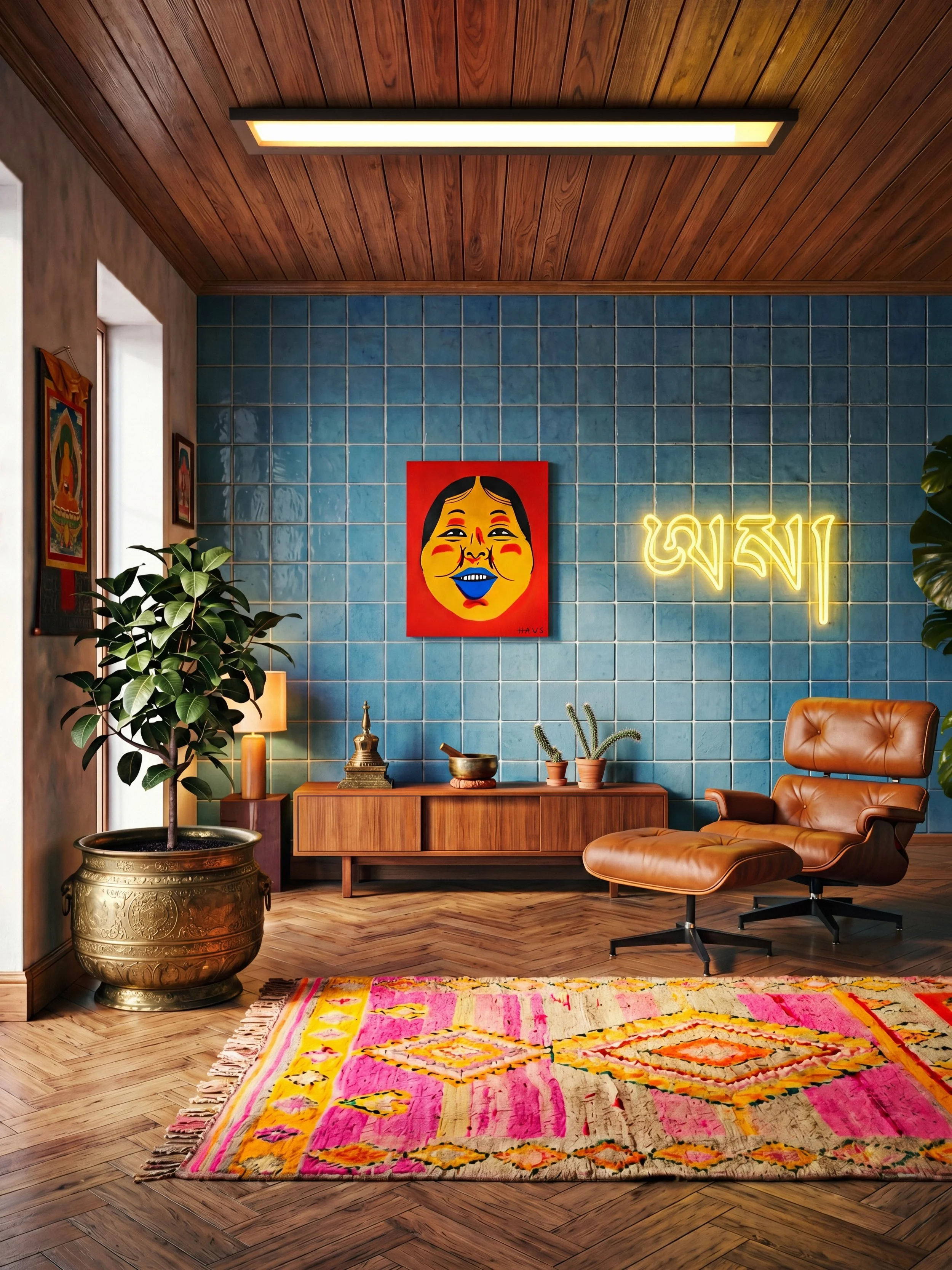 Inspired by traditional masks, this work is from my debut series which explores the vivid personas we project. Bold with unapologetic cheer, the electric blue smile and intense crimson backdrop demand attention in a space - whilst hinting at a comple