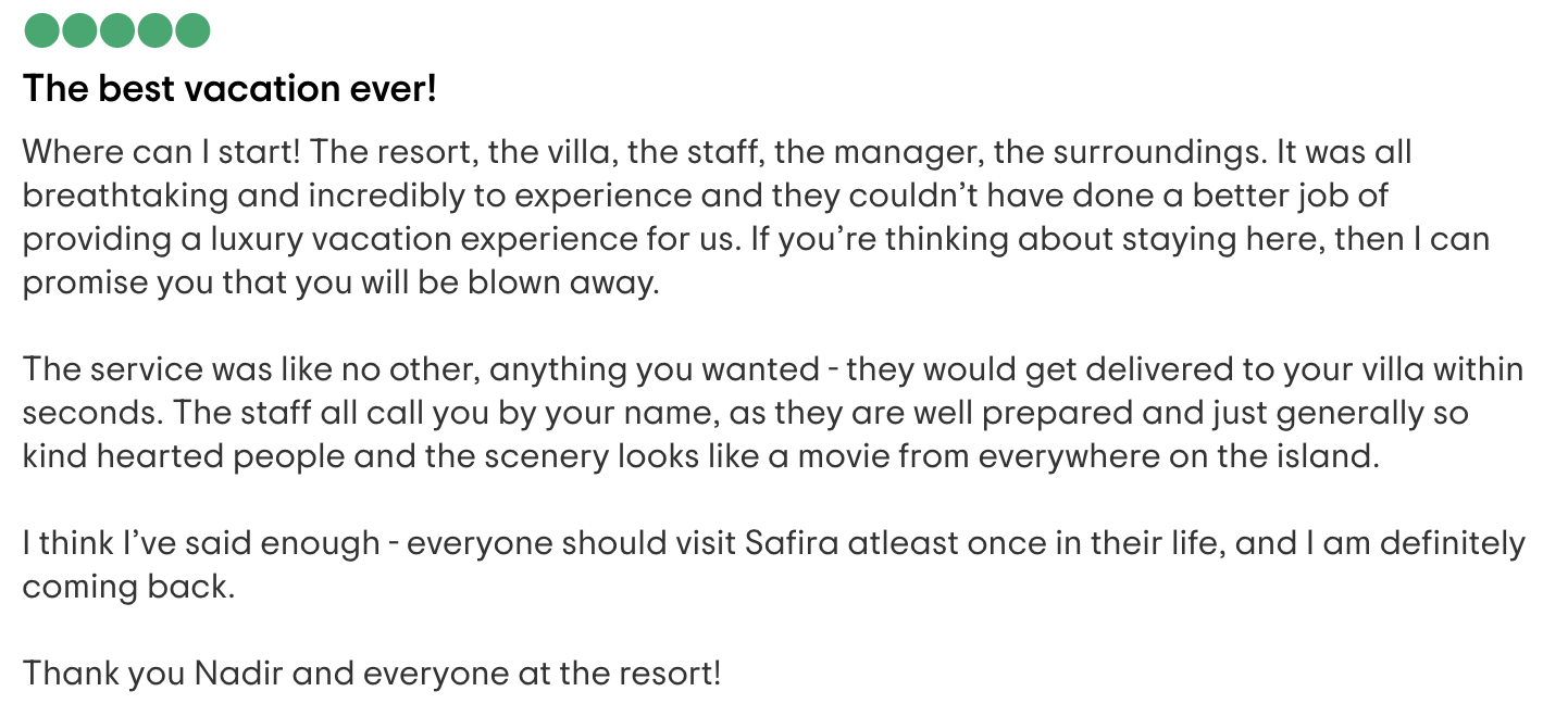 Five-star TripAdvisor review describing an exceptional luxury resort stay and world-class service.