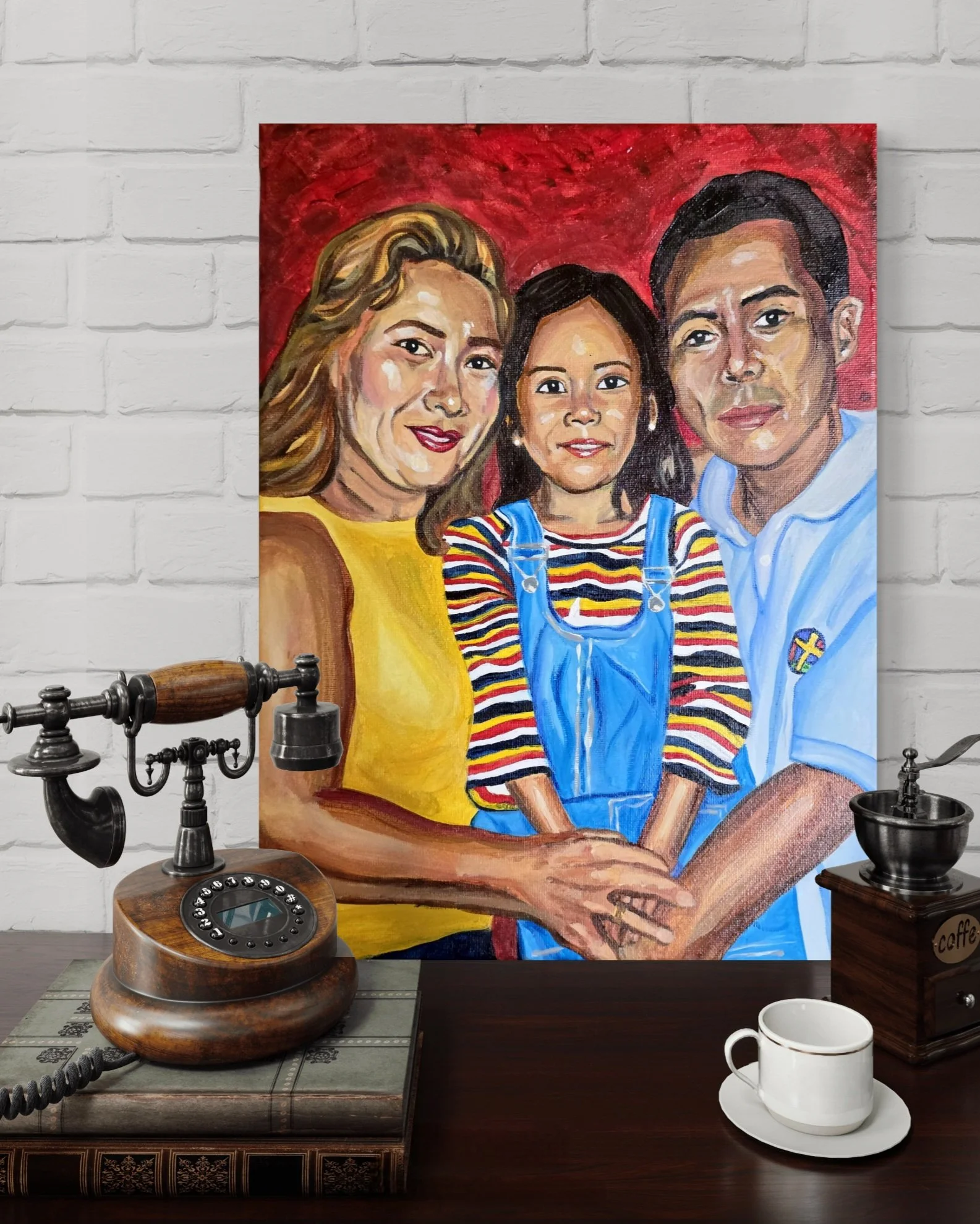 A colorful painting of a family of three, a woman, a girl, and a man, smiling and holding hands in front of a red background.