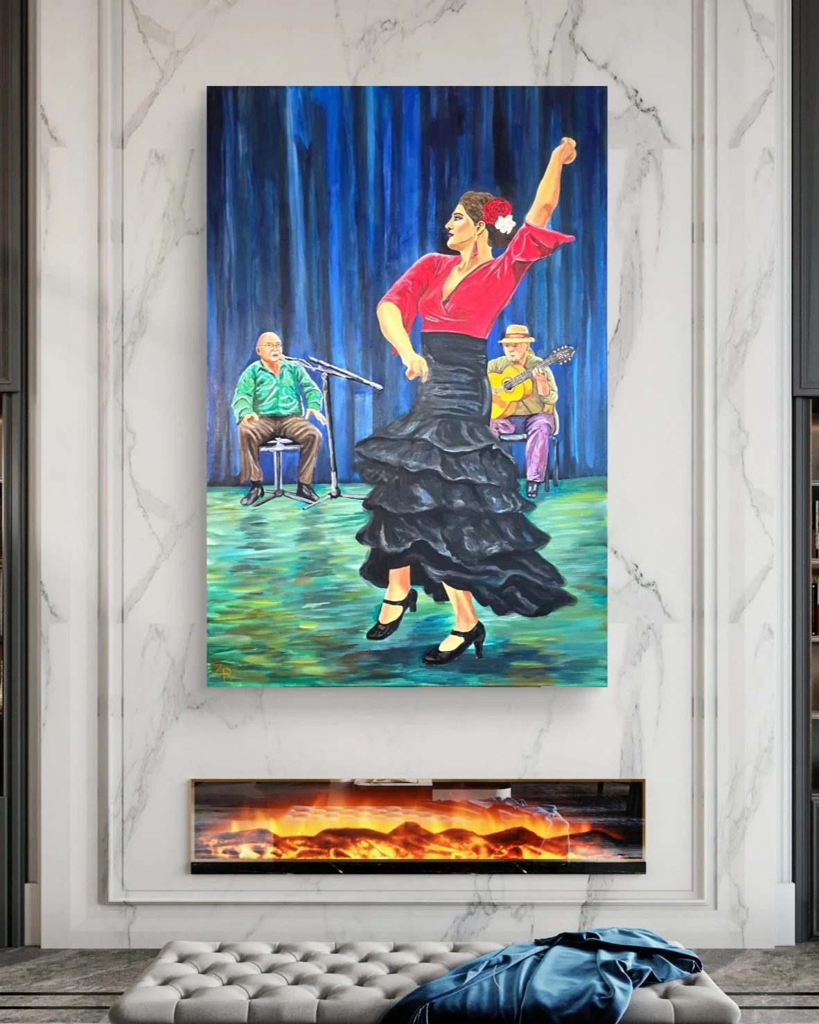Painting of a flamenco dancer performing on stage with two musicians in the background, one playing a guitar and the other singing, set against a dark blue curtain.