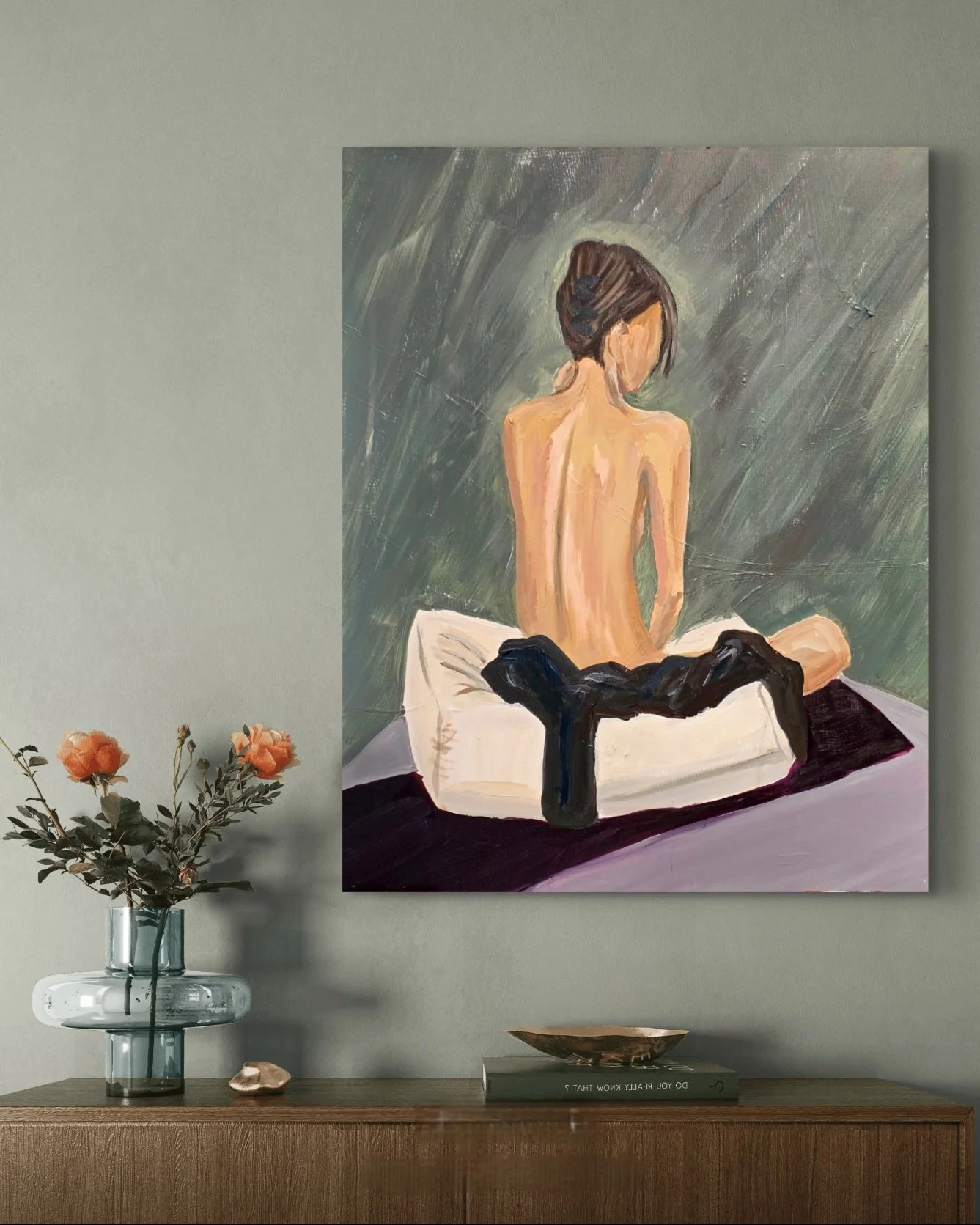 A painting of a woman sitting on a bed with her back turned. She has short dark hair and is draped in black clothing around her waist, with a textured green background.