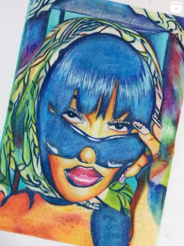Colorful artistic illustration of a woman with blue hair, wearing sunglasses, with a scarf wrapped around her head. She has a confident expression and is holding a cigarette.