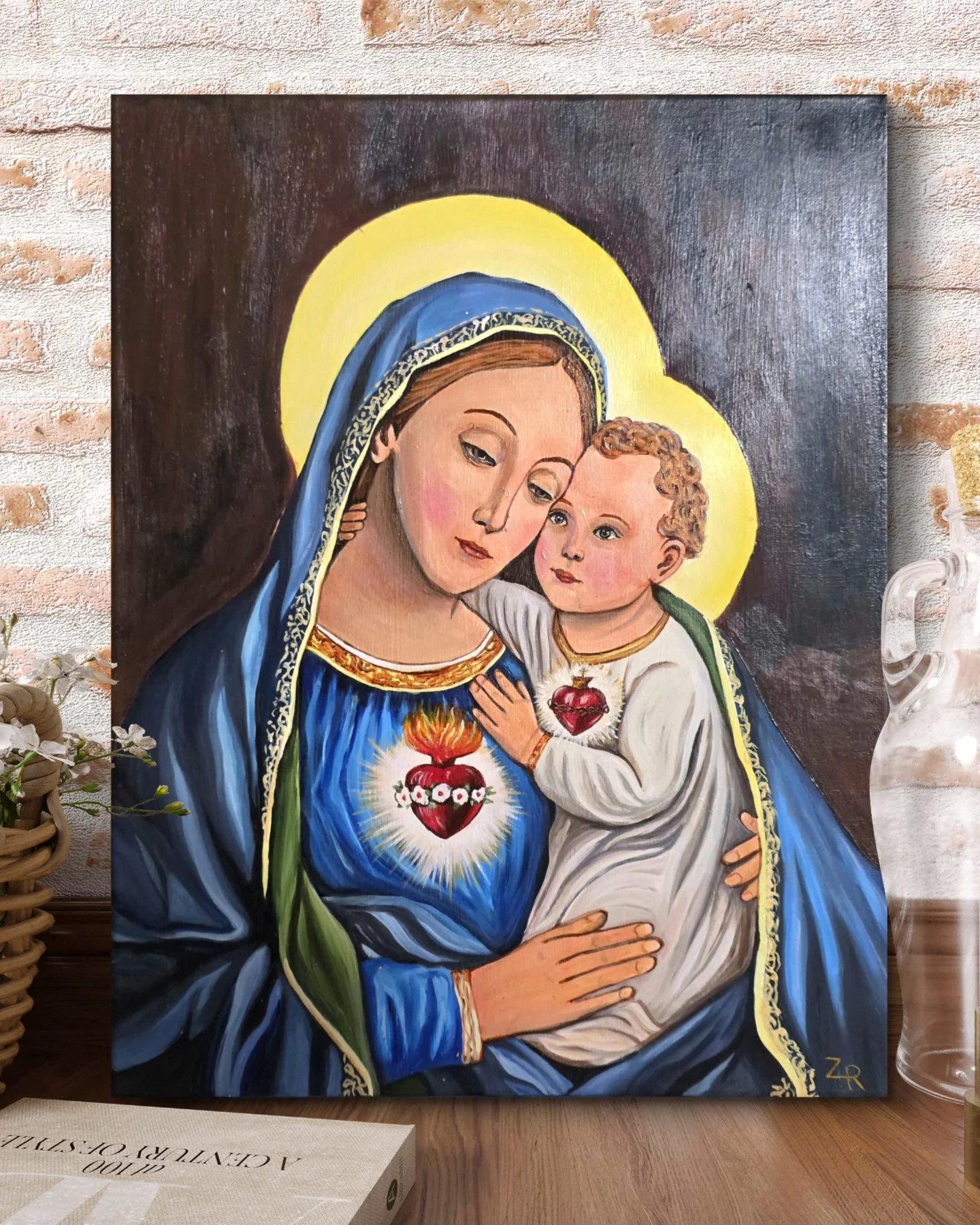 Painting of the Virgin Mary holding baby Jesus, both with golden halos, set against a dark background, in a traditional religious style.